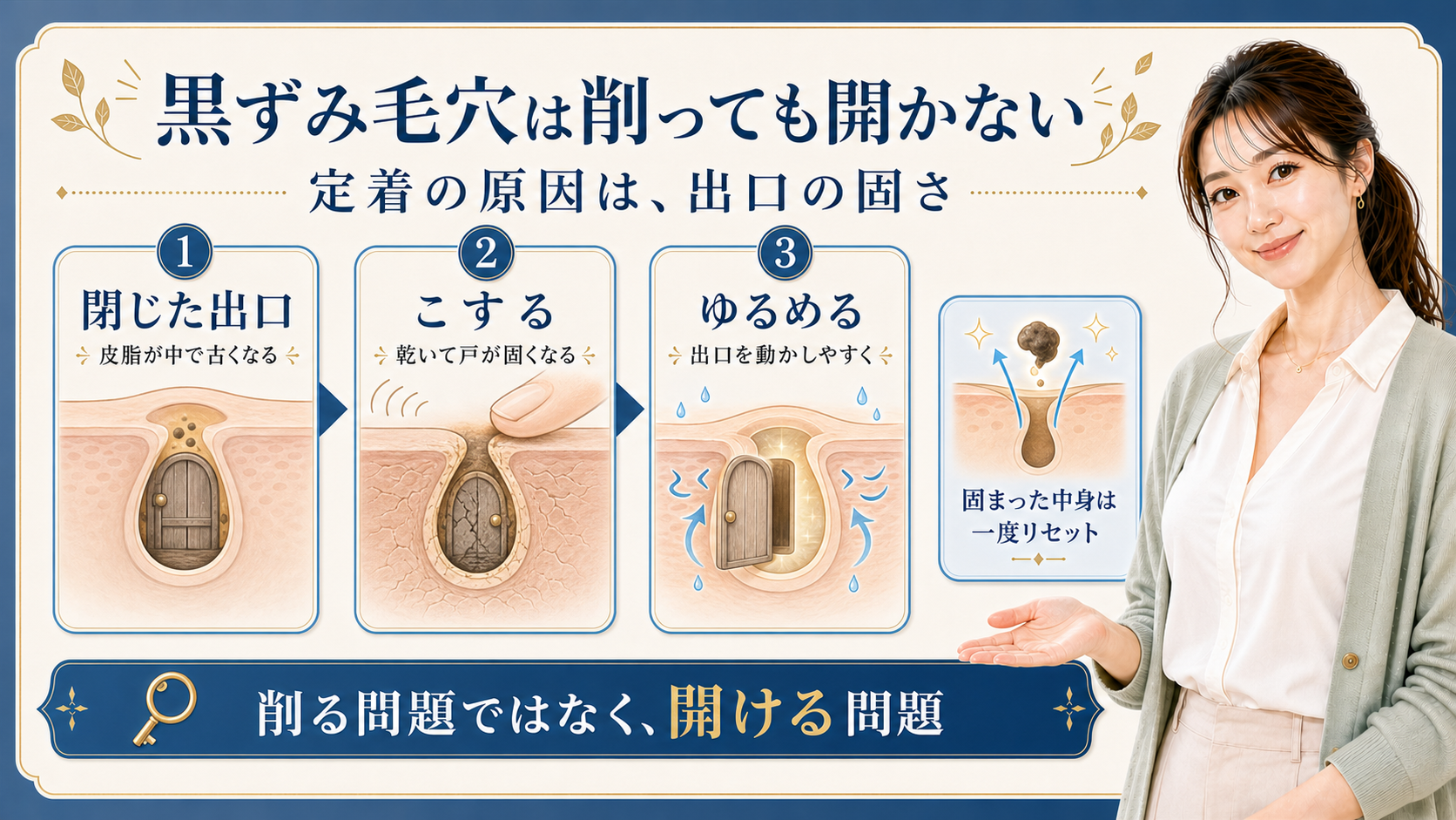 黒ずみ毛穴の定着を出口の固さとして示す408記事アイキャッチ