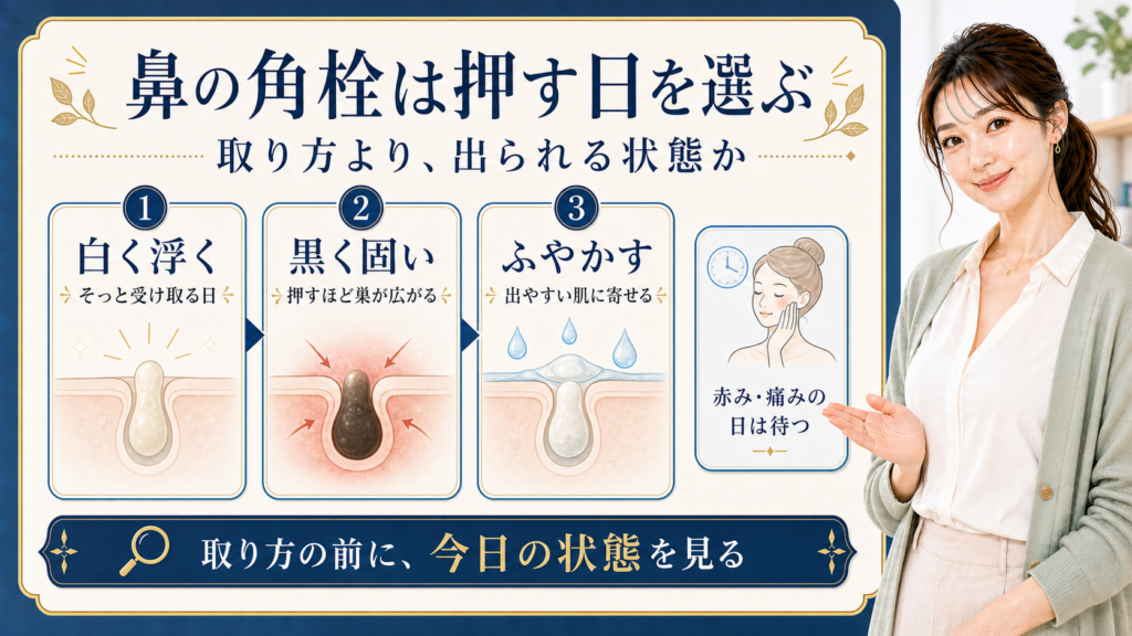鼻の角栓を押す日と待つ日の見分け方を示す409記事アイキャッチ