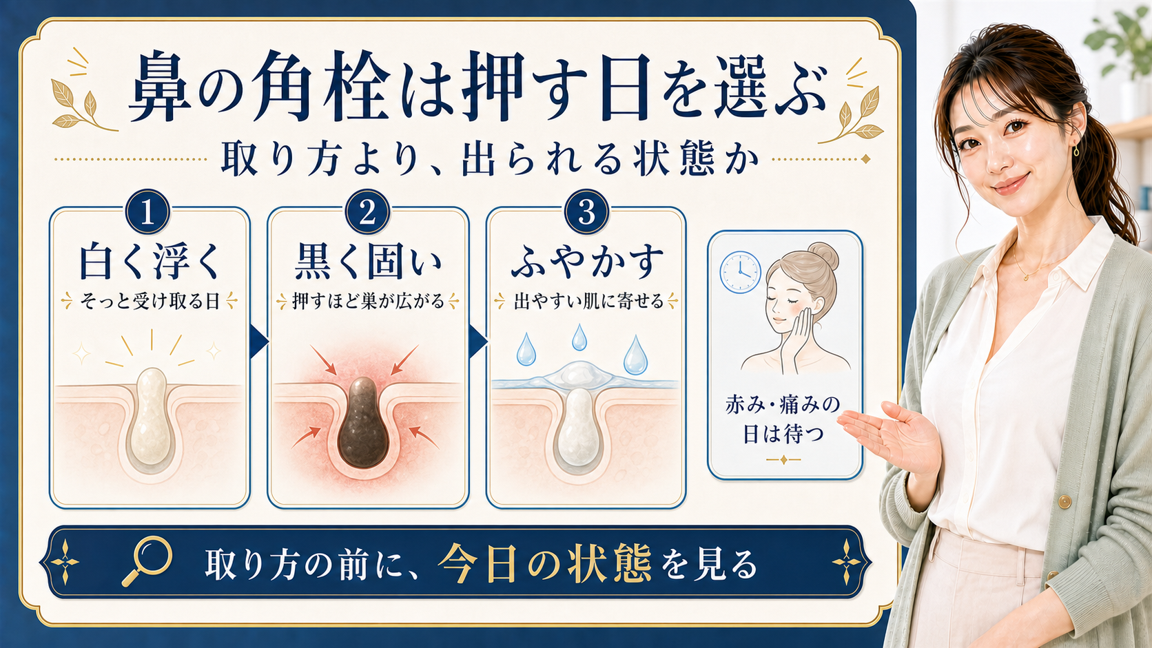 鼻の角栓を押す日と待つ日の見分け方を示す409記事アイキャッチ
