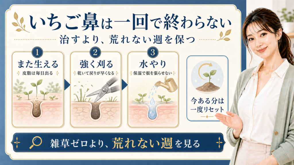いちご鼻を一度の完治ではなく維持として示す410記事アイキャッチ
