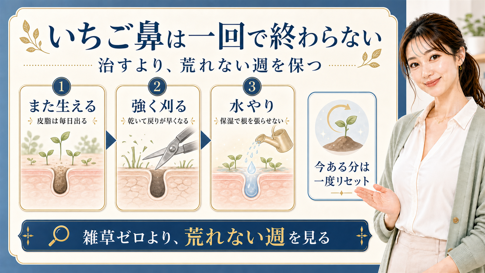 いちご鼻を一度の完治ではなく維持として示す410記事アイキャッチ