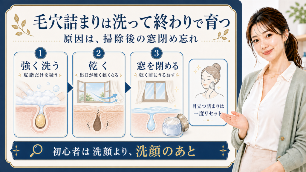 毛穴詰まりの原因を洗顔後の保湿不足として示す413記事アイキャッチ