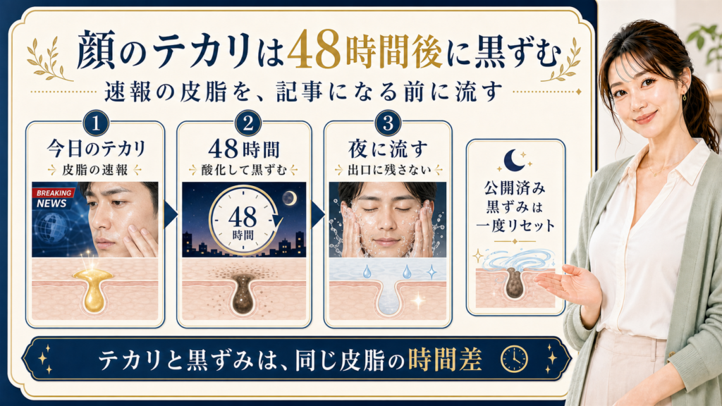 顔のテカリと黒ずみを皮脂の48時間差として示す414記事アイキャッチ