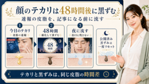 顔のテカリと黒ずみを皮脂の48時間差として示す414記事アイキャッチ