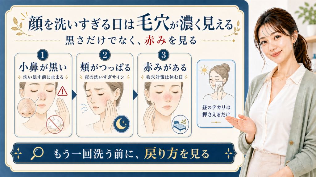 顔の洗いすぎで毛穴が濃く見える日の赤み確認を示す415記事アイキャッチ