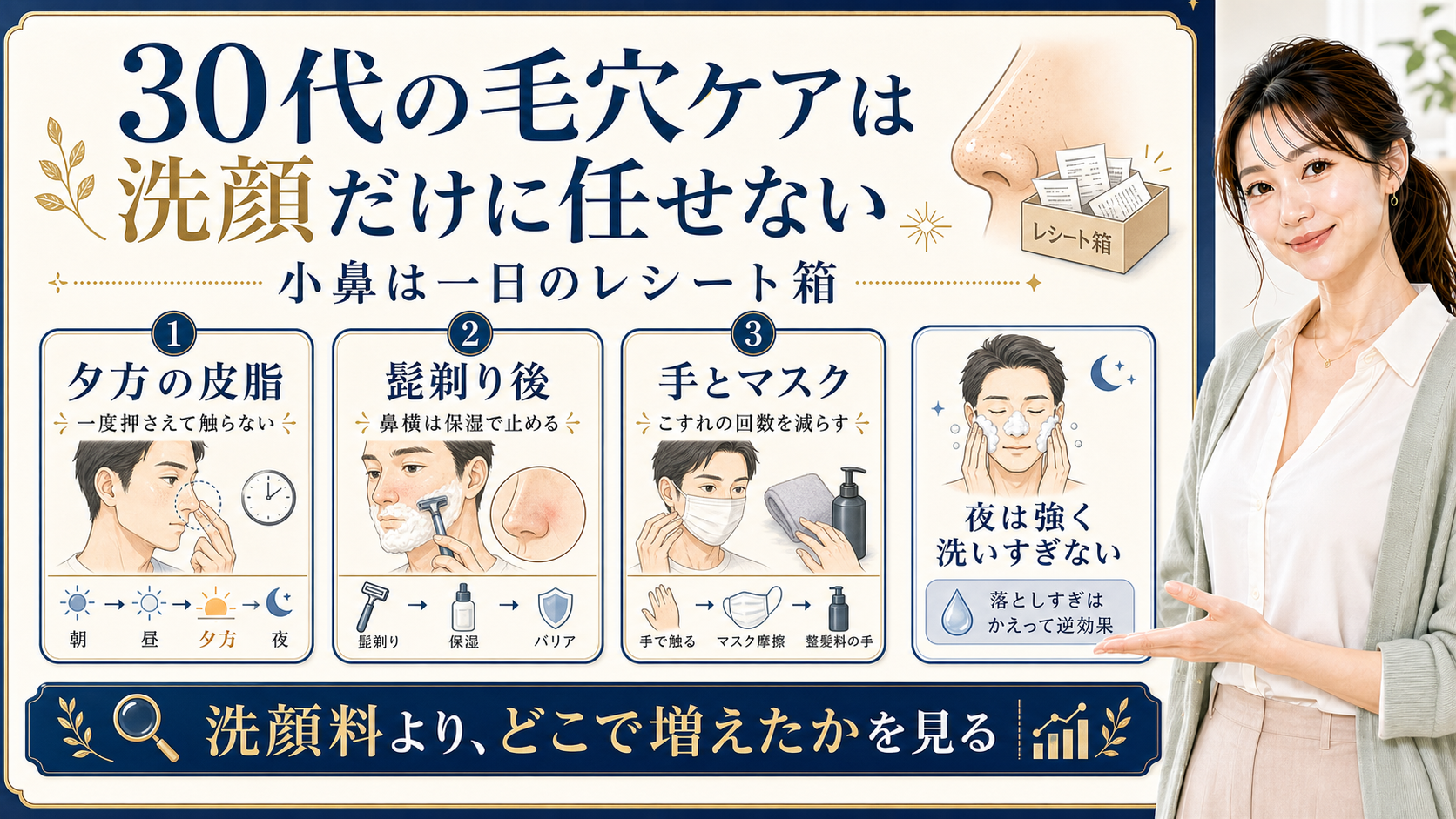 30代男性の毛穴ケアを小鼻の一日のレシート箱として示す417記事アイキャッチ