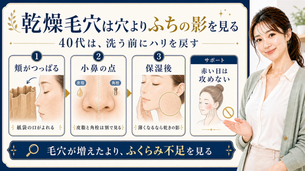 乾燥で目立つ40代毛穴をふちの影とハリで見る419記事アイキャッチ