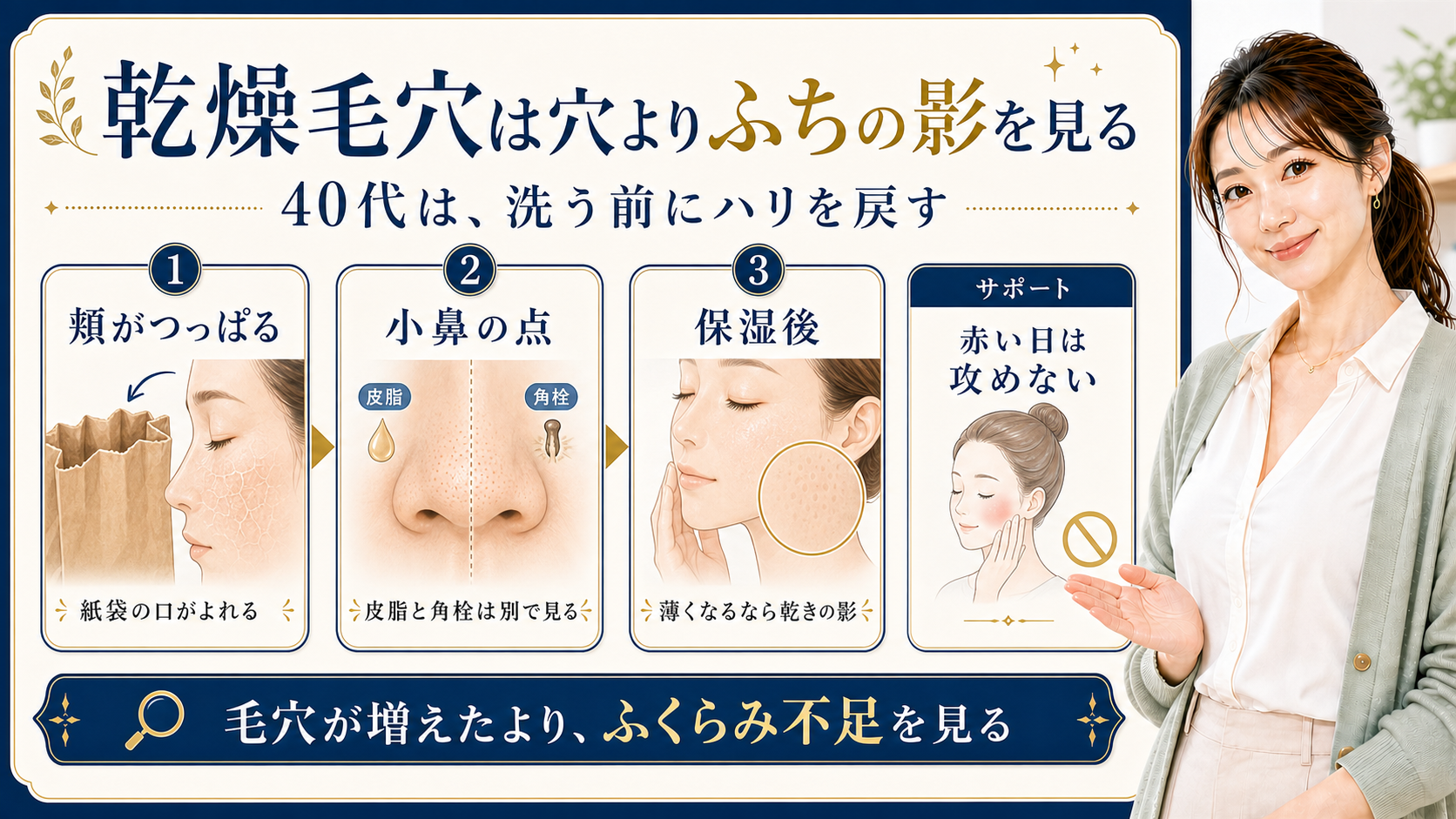 乾燥で目立つ40代毛穴をふちの影とハリで見る419記事アイキャッチ