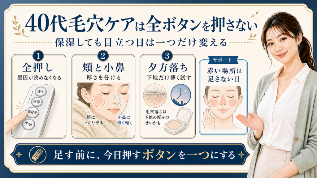 40代毛穴ケアを一つずつ変えるボタンで示す420記事アイキャッチ