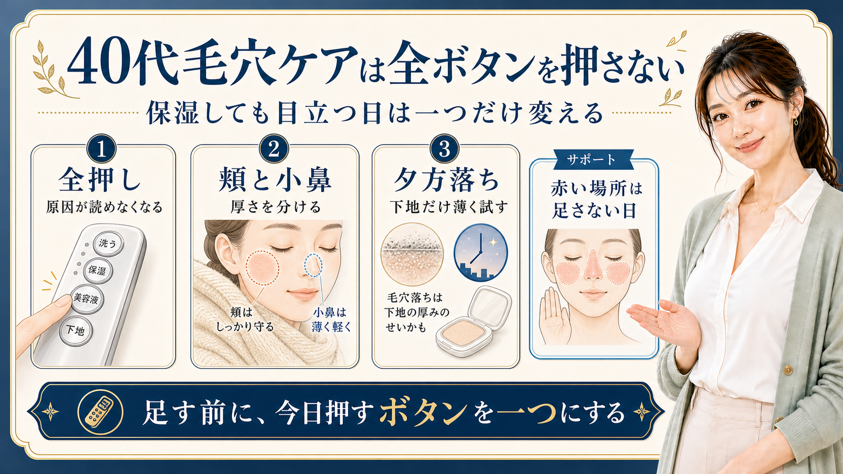 40代毛穴ケアを一つずつ変えるボタンで示す420記事アイキャッチ