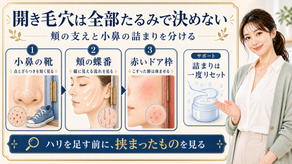 40代の開き毛穴をたるみと小鼻の詰まりで分ける421記事アイキャッチ