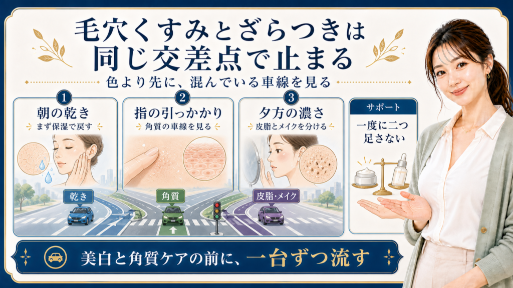 毛穴くすみとざらつきを乾き角質皮脂の交差点で示す424記事アイキャッチ
