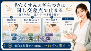 毛穴くすみとざらつきを乾き角質皮脂の交差点で示す424記事アイキャッチ