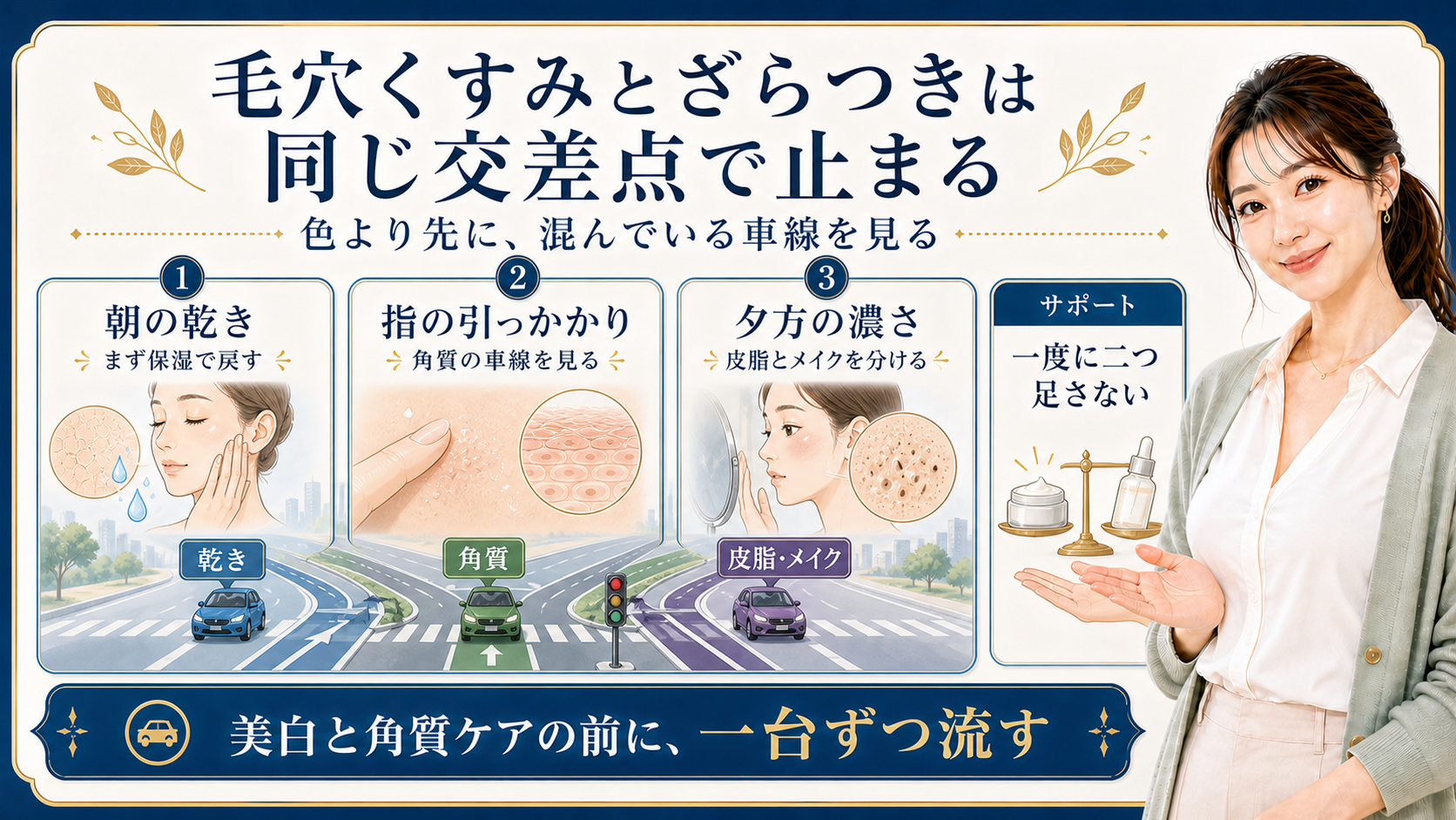 毛穴くすみとざらつきを乾き角質皮脂の交差点で示す424記事アイキャッチ