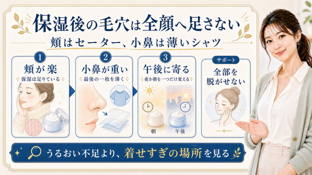 保湿後の毛穴目立ちを頬と小鼻の着せ分けで示す426記事アイキャッチ