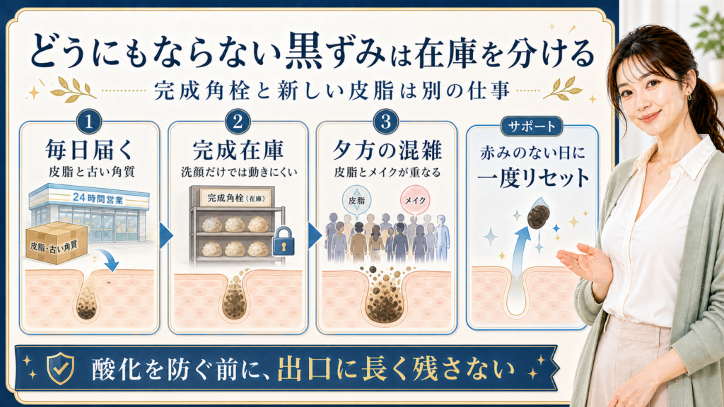 どうにもならない毛穴黒ずみを完成角栓と新しい皮脂で分ける427記事アイキャッチ