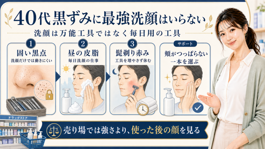 40代毛穴黒ずみの洗顔選びをドラッグストアの工具で示す428記事アイキャッチ