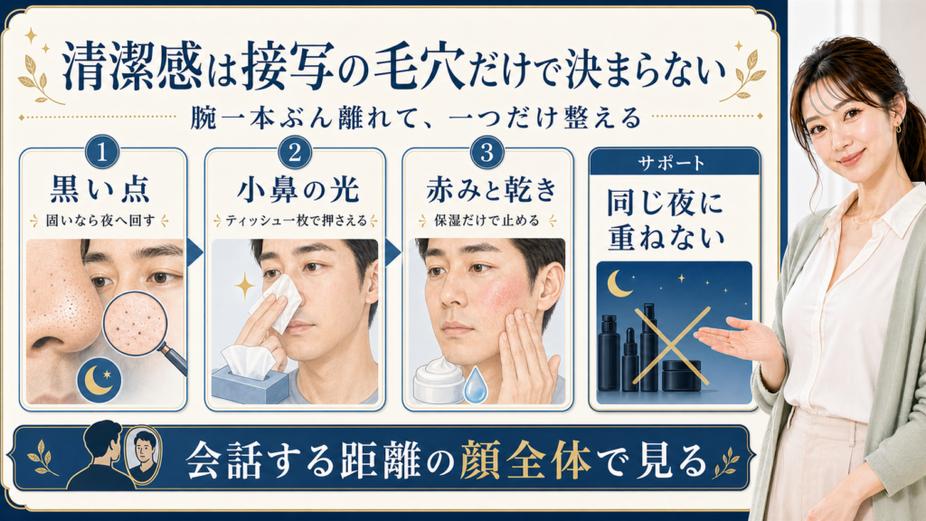 清潔感ない男に見える毛穴印象を会話距離で見る429記事アイキャッチ