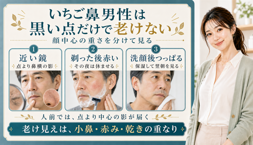 いちご鼻男性は黒い点だけで老けない
