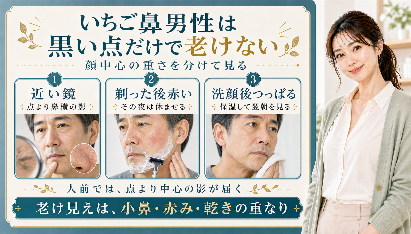 いちご鼻男性は黒い点だけで老けない