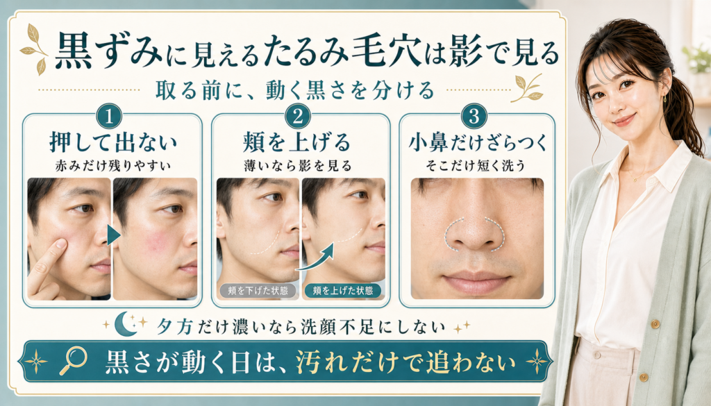 黒ずみに見えるたるみ毛穴は影で見る