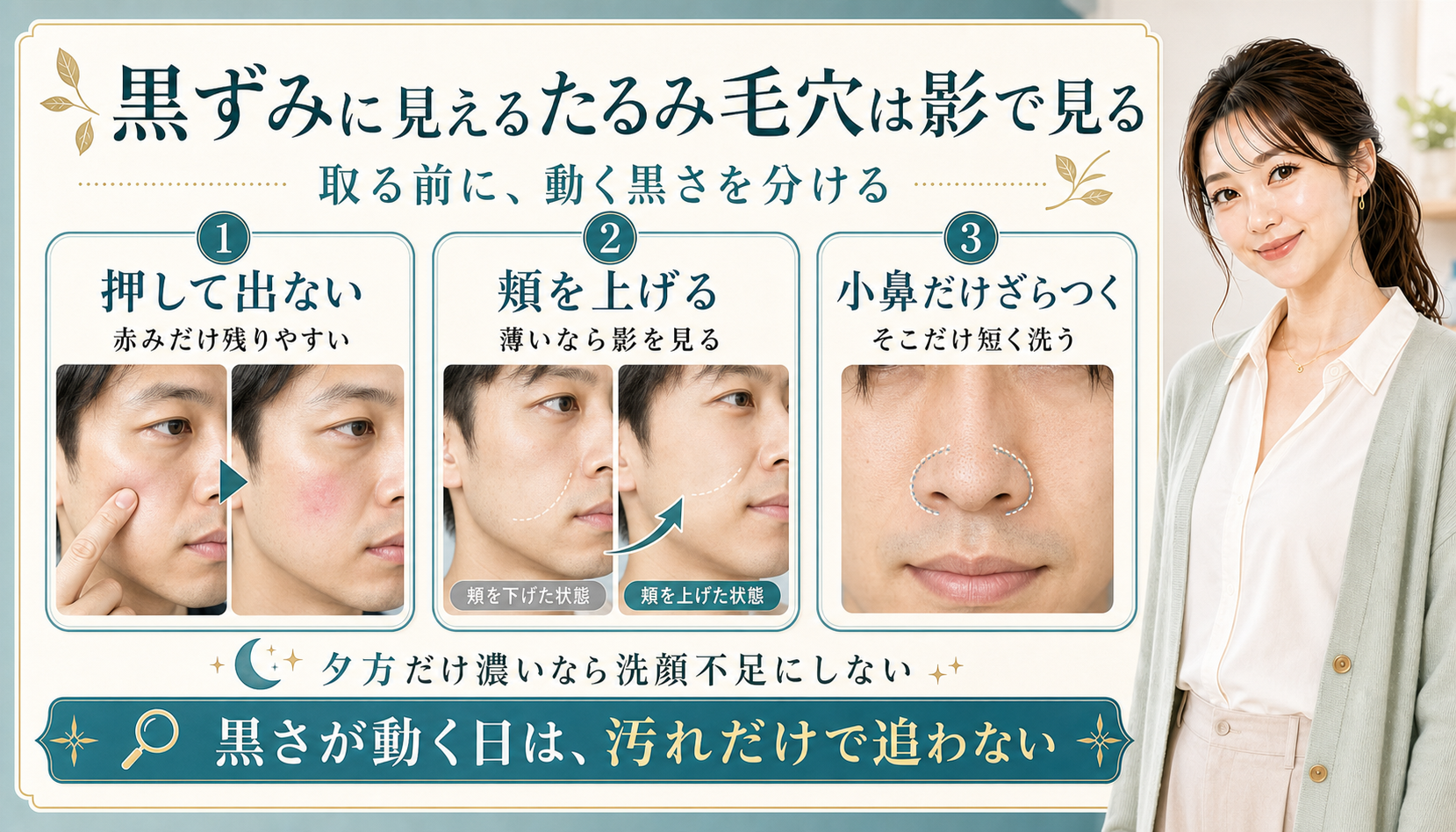 黒ずみに見えるたるみ毛穴は影で見る