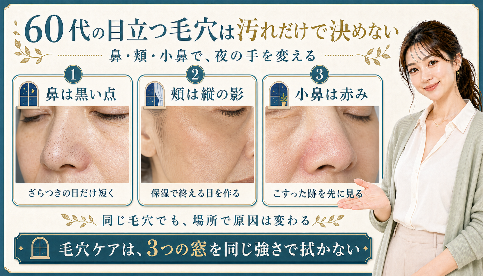 60代の目立つ毛穴は汚れだけで決めない