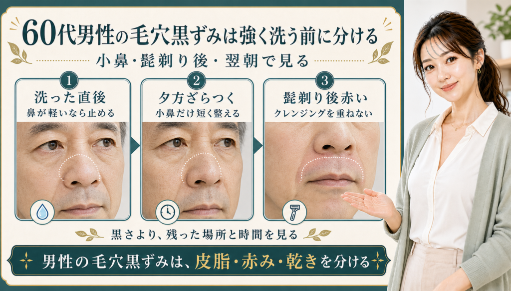 60代男性の毛穴黒ずみは強く洗う前に分ける