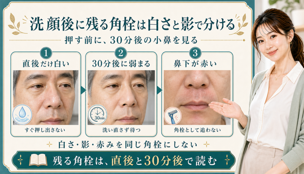 洗顔後に残る角栓は白さと影で分ける