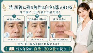 洗顔後に残る角栓は白さと影で分ける