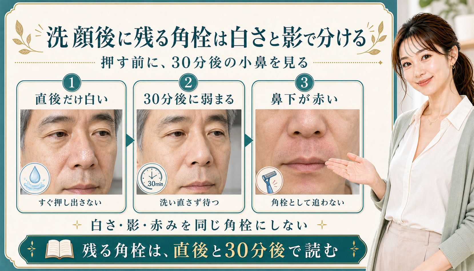 洗顔後に残る角栓は白さと影で分ける