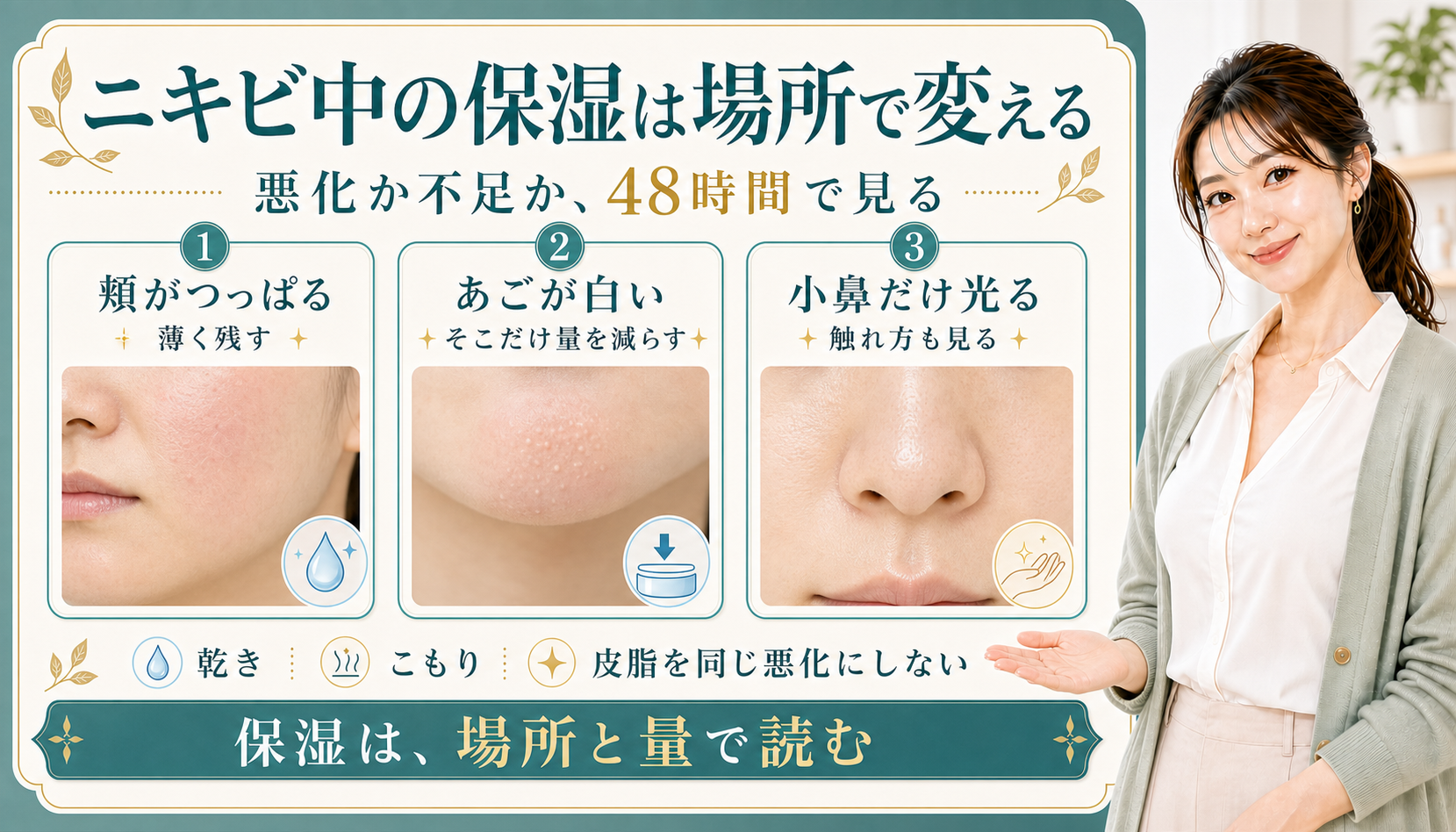 ニキビ中の保湿は場所で変える