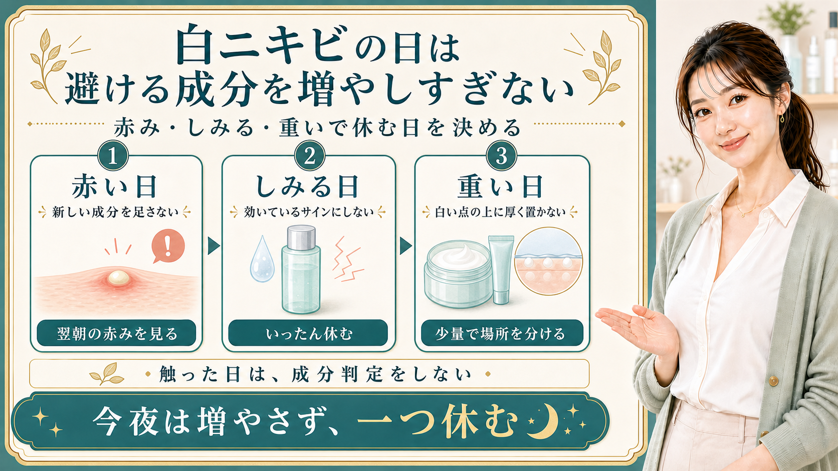 白ニキビの日は避ける成分を増やしすぎない