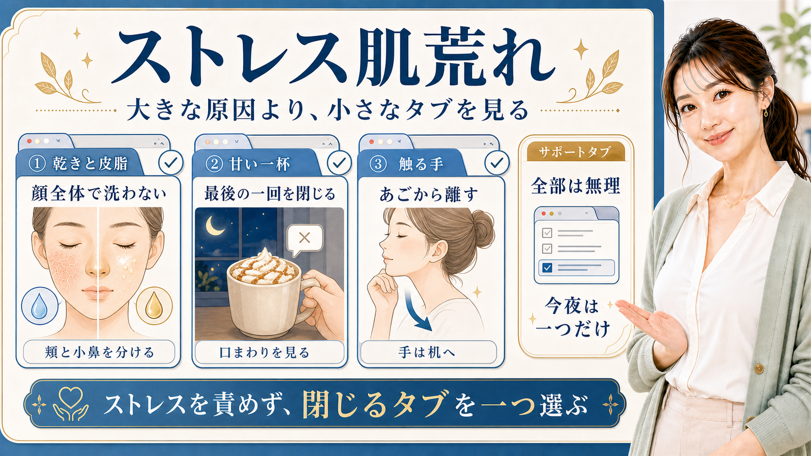ストレスで肌荒れするのはなぜ?皮脂・乾燥・触る癖の見直し方