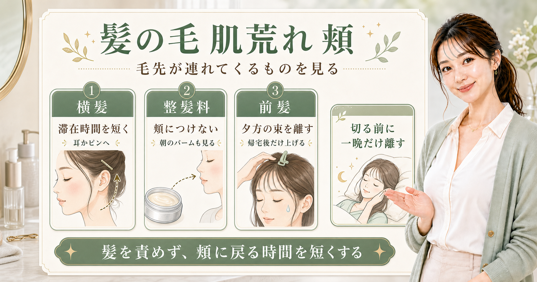 髪の毛が頬に触れると肌荒れする？前髪と整髪料の見直し方
