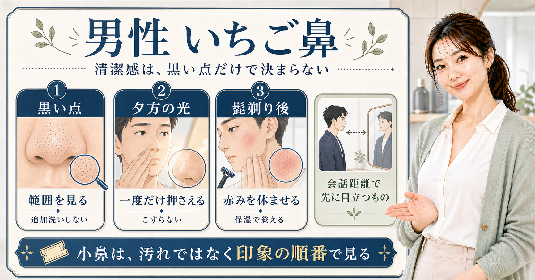 男性のいちご鼻は清潔感で見る|黒ずみ印象の整え方