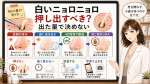 毛穴の白いニョロニョロを押し出すべきか、出た量ではなく翌朝・昼・48時間で見ることを女性解説者と大判ボードで示した男女共用アイキャッチ