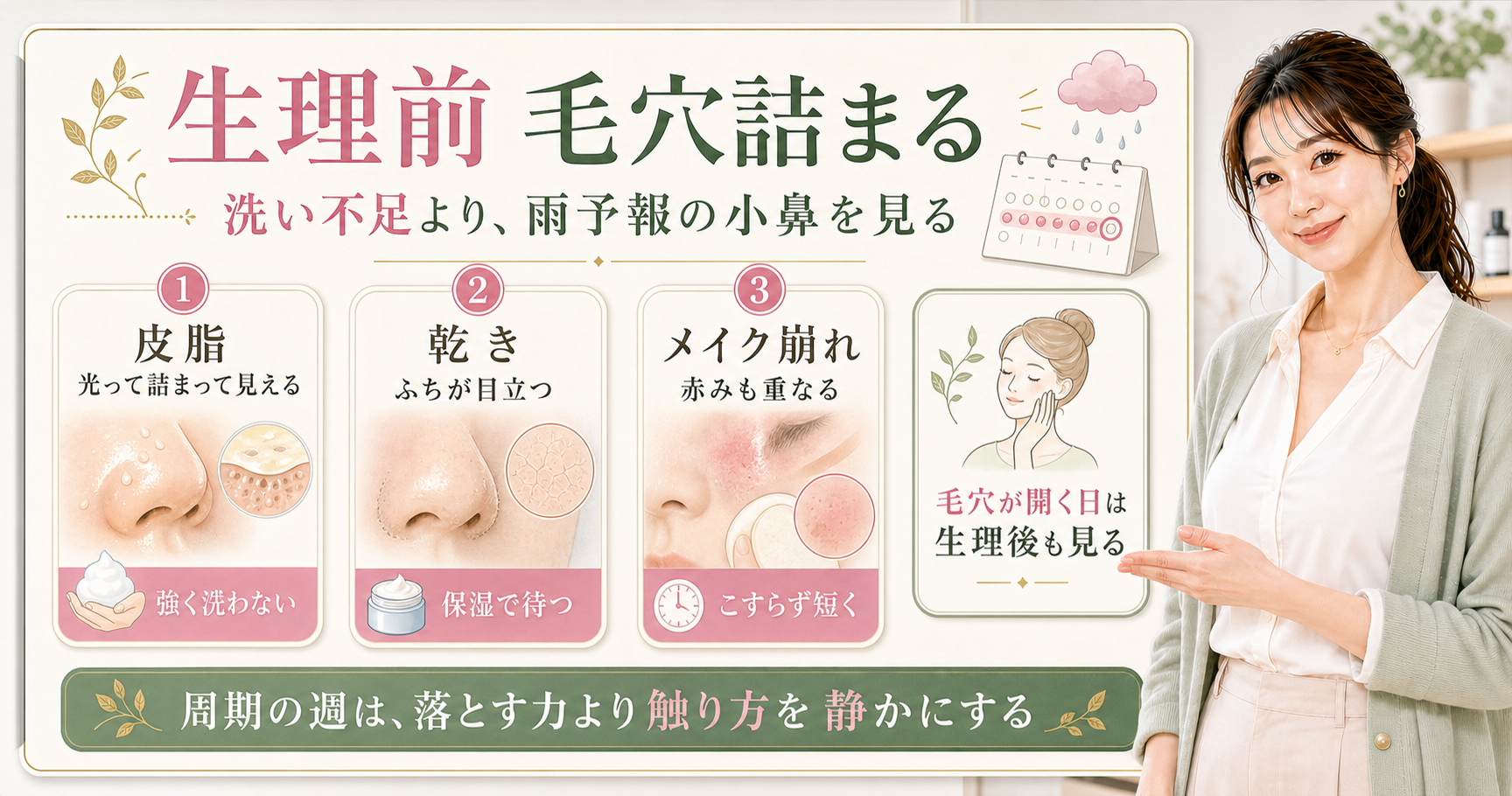 【女性のいちご鼻】女性特有の皮脂量変動と毛穴詰まり(月経周期・ホルモンバランス)