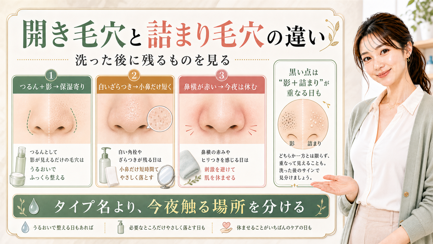 毛穴タイプで迷ったら|開き毛穴と詰まり毛穴の夜ケア