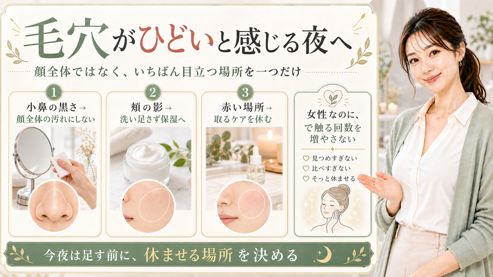 毛穴がひどいと感じる女性へ|夜の見分けケア
