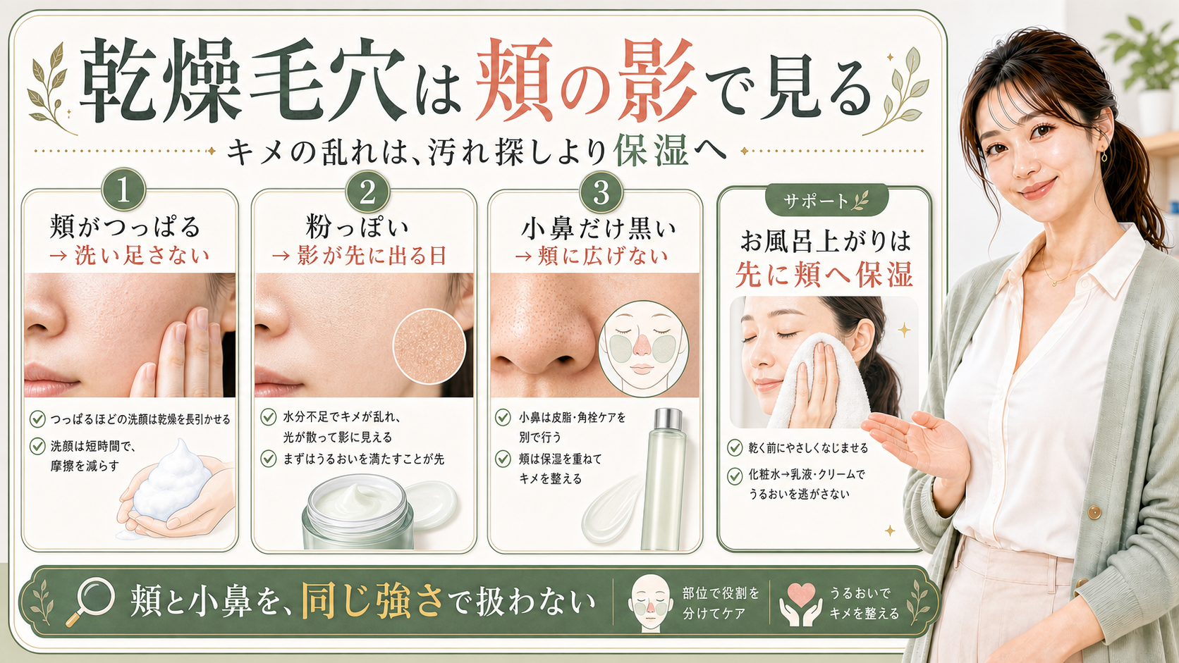 乾燥毛穴は頬の影で見る|つっぱりとキメ乱れの整え方