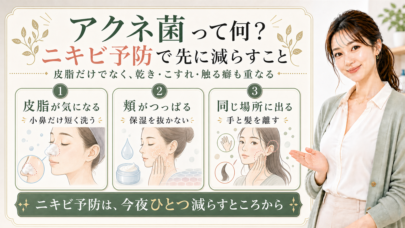 アクネ菌とニキビ予防の考え方を示す記事アイキャッチ