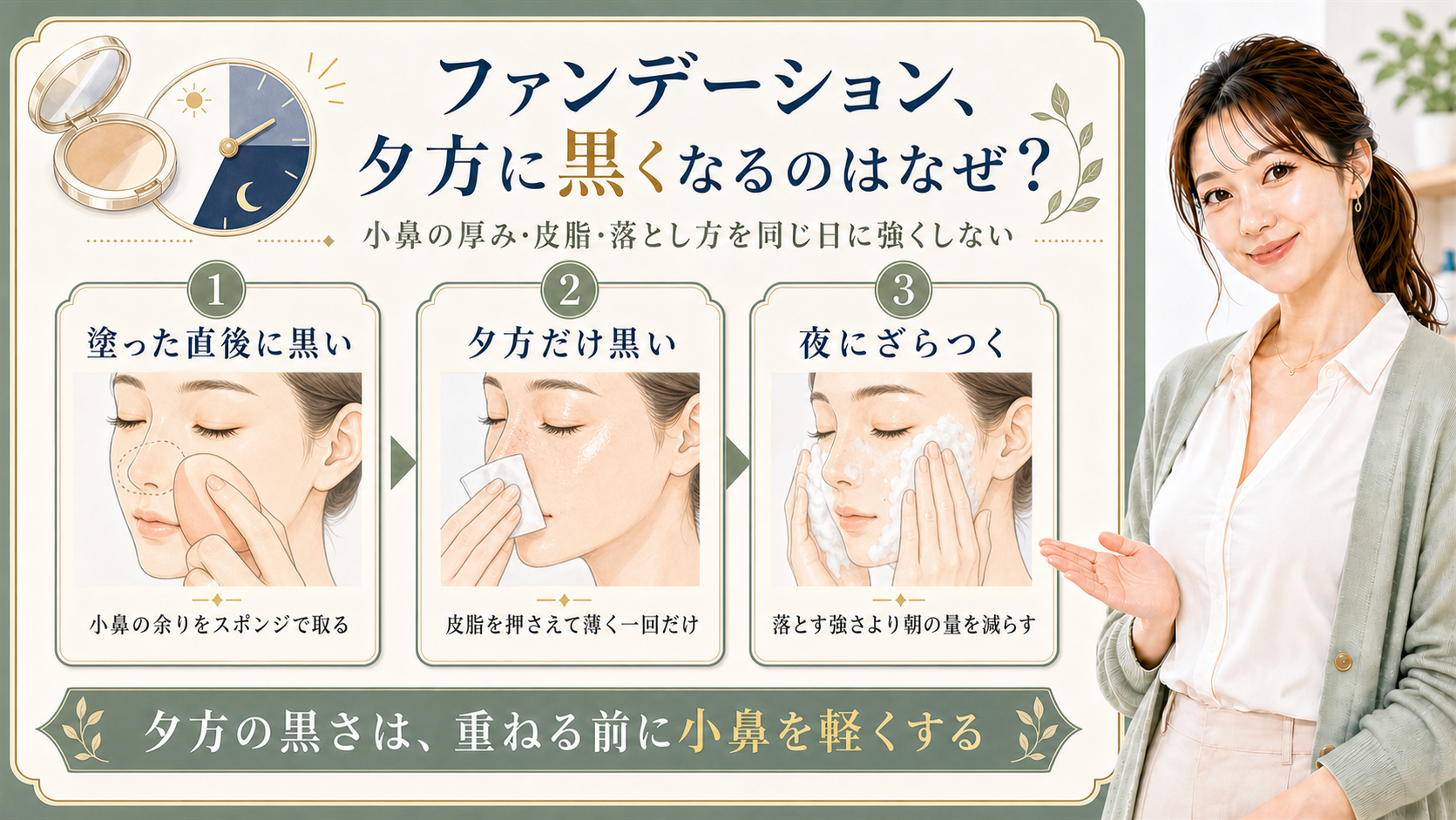 夕方に黒くなるファンデーションを整える記事アイキャッチ