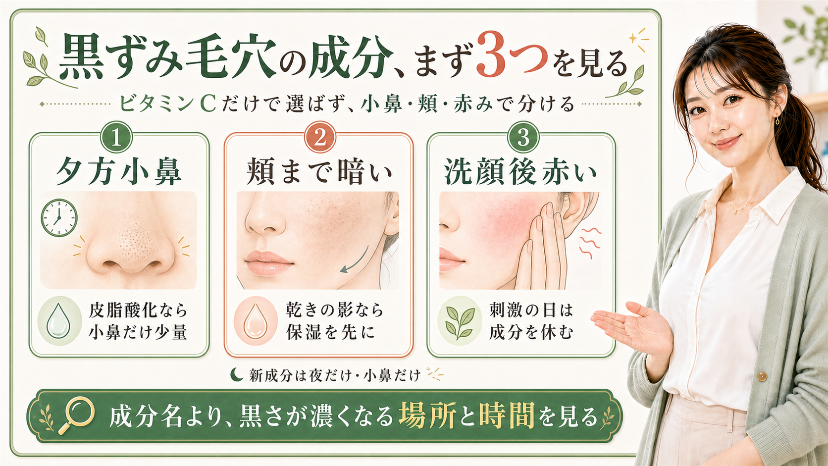 黒ずみ毛穴の成分を小鼻・頬・赤みで分ける解説ボード