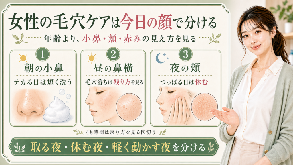女性の毛穴ケアを朝昼夜の見え方で分ける解説ボード
