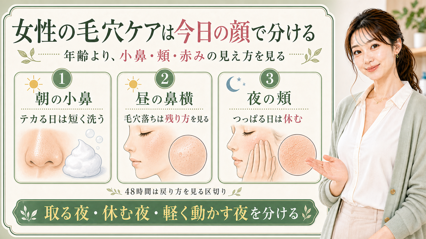 女性の毛穴ケアを朝昼夜の見え方で分ける解説ボード