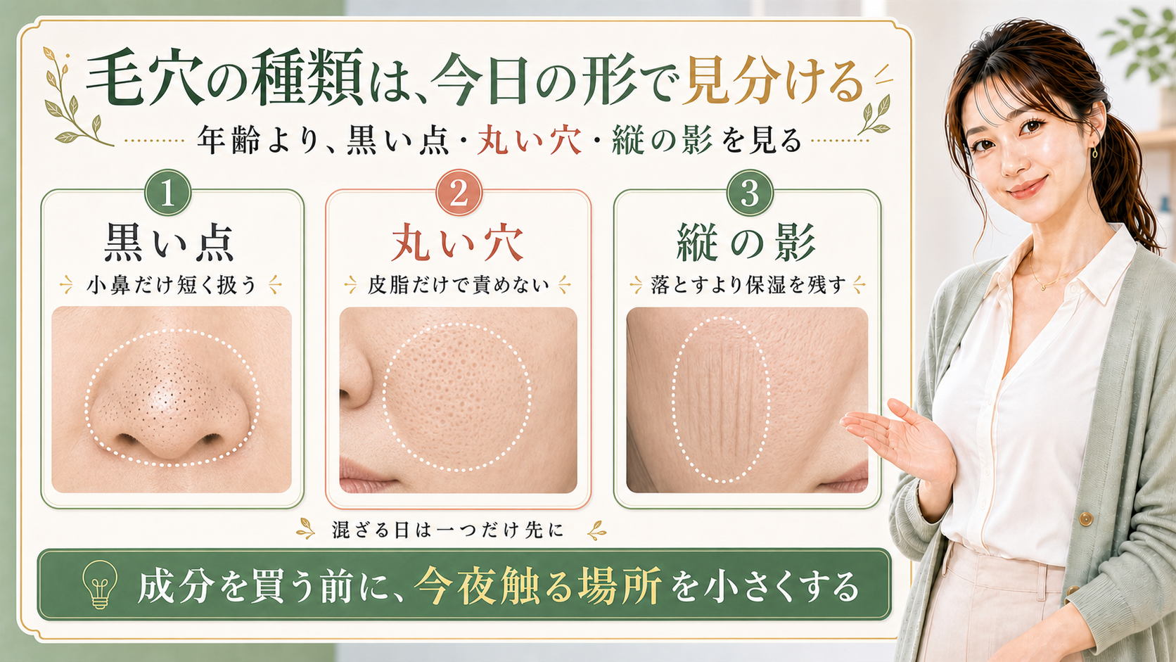毛穴の種類を黒い点・丸い穴・縦の影で見分ける解説ボード