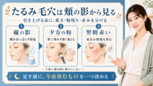 たるみ毛穴を頬の影・粉残り・赤みで分ける解説ボード