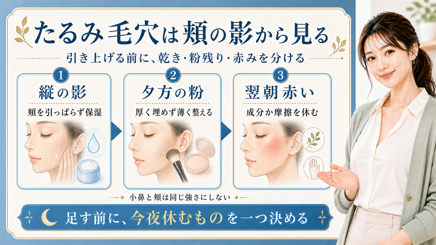 たるみ毛穴を頬の影・粉残り・赤みで分ける解説ボード