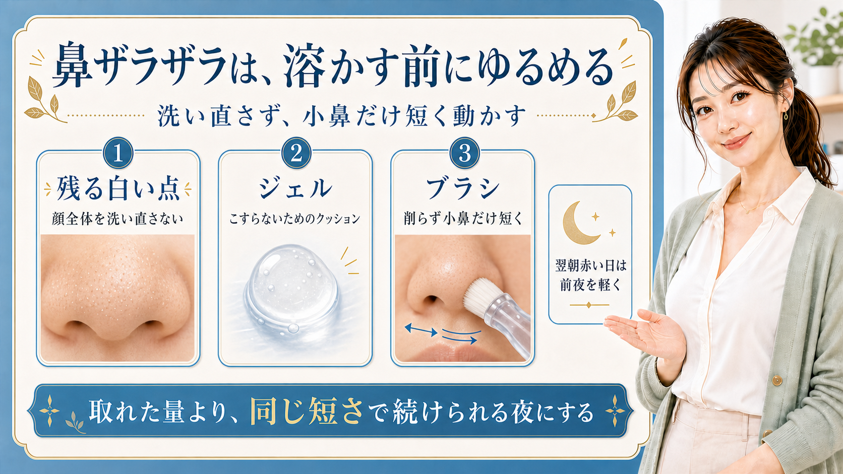 鼻のザラザラをジェルとブラシで短くゆるめる解説ボード